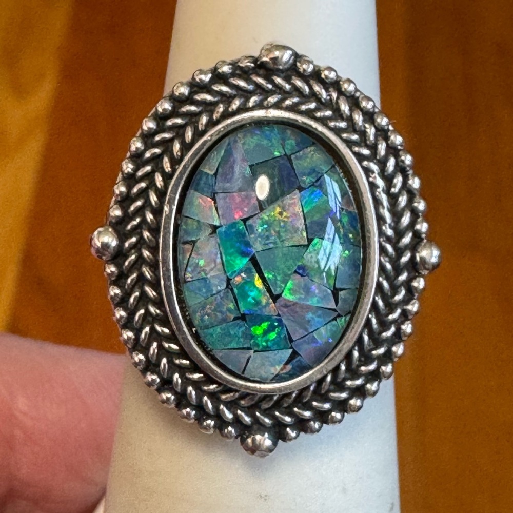 925 Vintage Mosaic Opal Bezel Set Ring